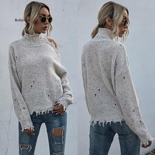 Turtleneck Sweater Women Knitwear Tops Tassel Off Shoulder Fashion Knitted Pullover Holes Multicolors Polka Dots Sweater Autumn
