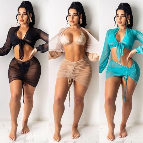 TNNAOFF Sandy Beach Mesh Sheer Two Piece Set for Women Long Sleeve Crop Top Sexy Drawstring Skirts Lounge Wear Matching Sets