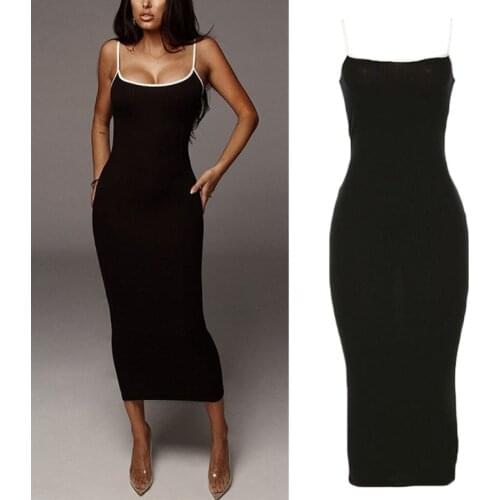 Women Sexy Color Block Spaghetti Straps Bodycon Midi Pencil Dress Ribbed Knitted Backless Empire Waist Party Clubwear