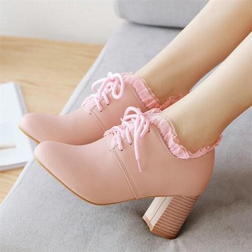Women Block Heel Pumps High Heels Lace up Ladies Shoes Round Toe Pink White Dress Pumps Elegant Work Shoes Plus Size 43 44 45 46