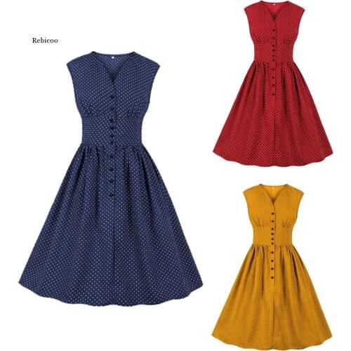 Yellow Single Breasted Sleeveless Polka Dot Casual Dress Thin Fabric for Summer Women V-Neck High Waist Vintage Dress