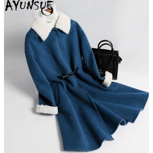 AYUNSUE Fashion Wool Coat Female Lamb Fur Collar Long Jacket Winter Coat Women Double Side Woolen Coats Casaco Feminino MY4184