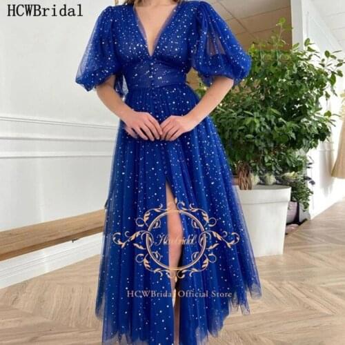 Shiny Royal Blue Short Evening Dress Half Sleeves V Neck Plus Size Women Prom Gowns Cheap Wedding Party Dresses Customize