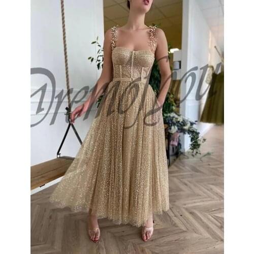 Gold Spaghetti-Straps Natural A-LIne Tea-Length Glitter Women Evening Dresses/Formal Prom Gowns Bridal Engagement Free Shipping