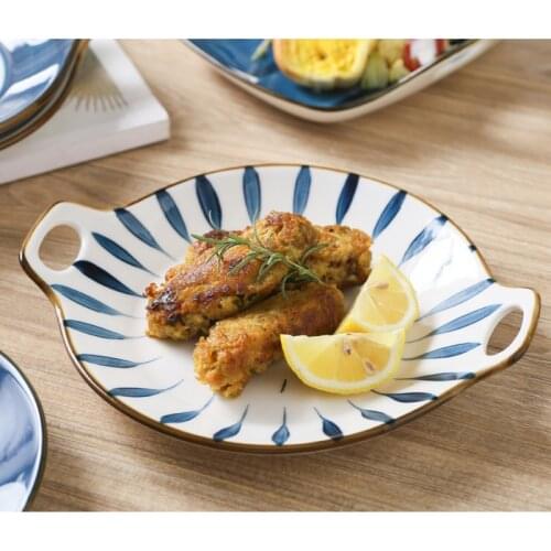 2 PCS Japanese-style hand-painted ceramic dinner plates Square round double-ear plate household Western food plate