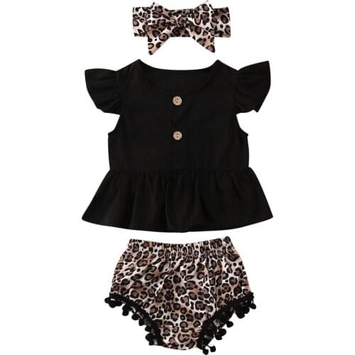 2020 Baby Summer Clothing 0-2T Baby Girls 3Pcs Clothes Dress Shirt Tops + Tassels Balls Leopard Short Headband Clothes