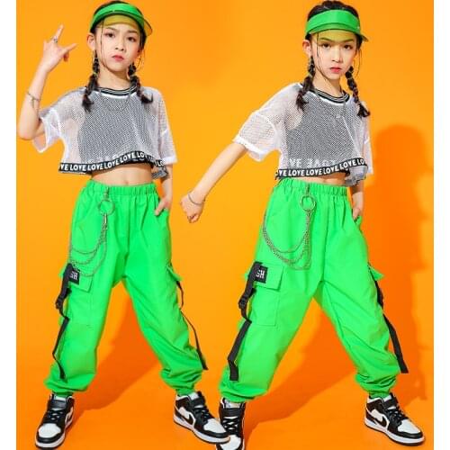 2021 New Hip Hop Jazz Dance Costumes For Girls Summer Net Tops Green Overalls Loose Pants Streetwear Kids Hip Hop Outfits BL6279