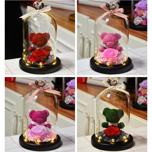 2021 Romantic Bear Eternal Flower Light with Glass Cover Gift Box Handmade Valentines Day Present
