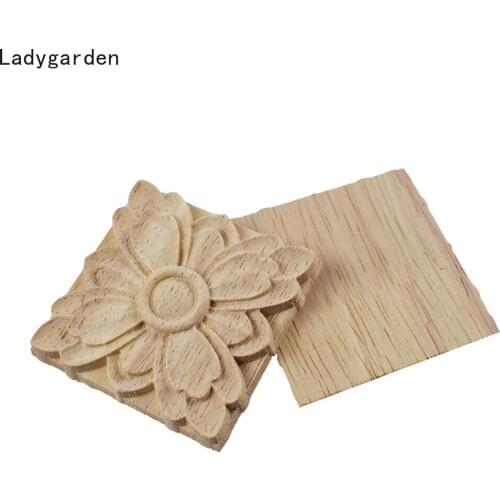 4PCS Unique Floral Wood Statues Carved Wooden Figurines Crafts Corner Appliques Frame Wall Door Sculptures Woodcarving Decor