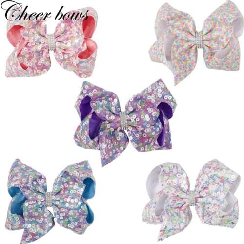 7" Hair Acessories Hair Bows for Girls Rainbow Sequin Handmade Hair Clips with Rhinestone Party Large Hairpins for Hair