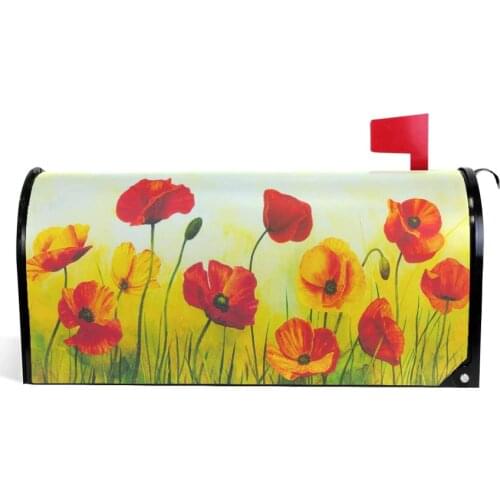 Art Red Poppy Flowers Mailbox Cover Spring Lawn Painting Mailbox Covers Magnetic Mailbox Wraps Post Letter Box Cover Large Size