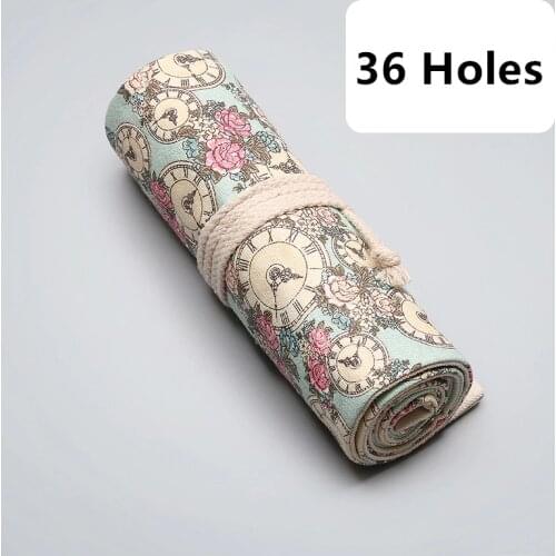 Canvas School Pencil Case Clock Rose 12/24/36/48/72 Holes Roll Pencilcase Large Pen Pencil Bag Estuche Escolar Box Supplies
