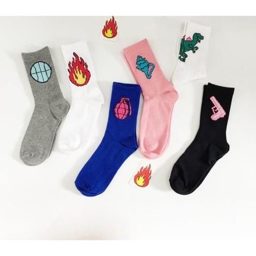 Korean Novelty Women Men Cactus Gun Crew Socks Funny Creative Dinosaur Baseball Gun Fire Planet Rocket Pattern Lovers Sock