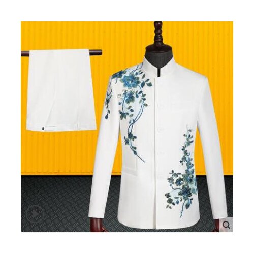 Sequin Chinese tunic suit set with pants mens wedding suits costume singer star style dance stage clothing mens formal dress 991