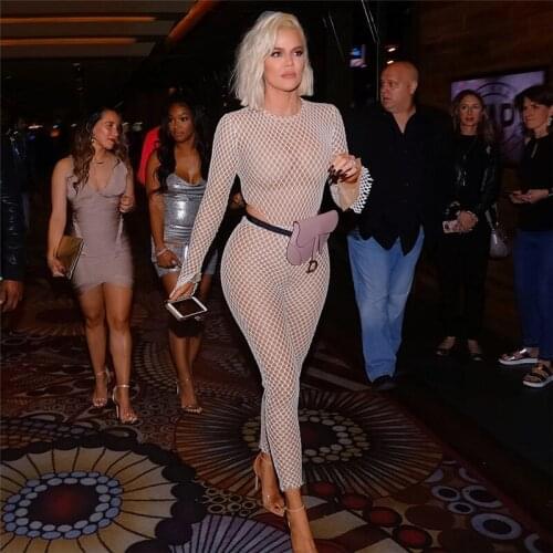 Sexy Celebrity Long Sleeve Mesh Bodycon Transparent Womens Jumpsuit Rompers Night Party Jumpsuit