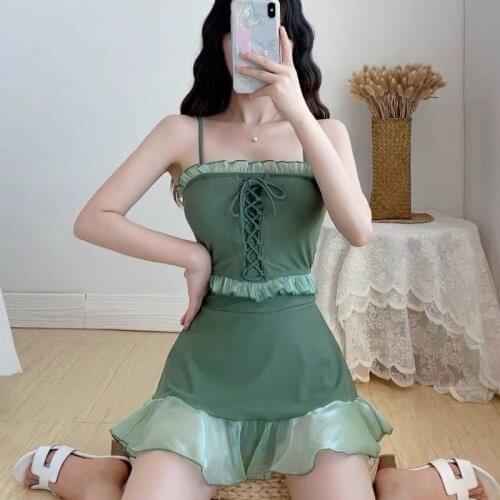 Bikini Sets Womens Summer Swimwear Mesh Spliced Ruffle Lace Up Sweet Sleeveless Cute Korean Style Casual Slim Beach Swimsuits