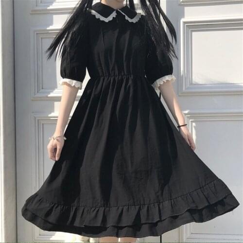 Japanese Preppy Style Summer Dress Sweet Peter Pan Collar Kawaii Lace Ruffles Dress Short Sleeve Gothic Girl Black Women Dresses