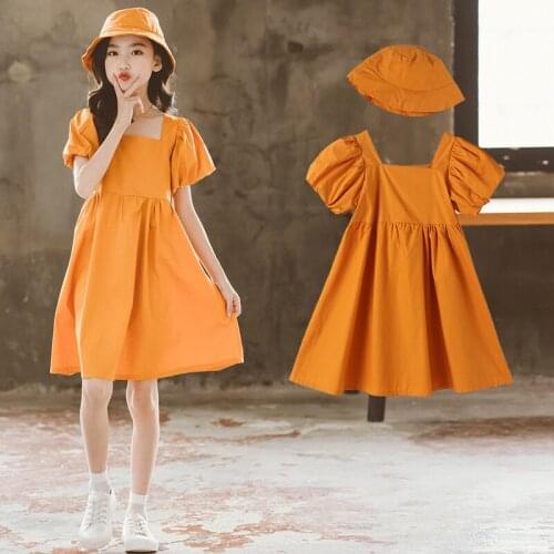 2021 Summer Dress for Girls Clothes Cotton Puff Sleeve Princess Dress Purple Childrens Dresses Teens Student Costumes Hat Free