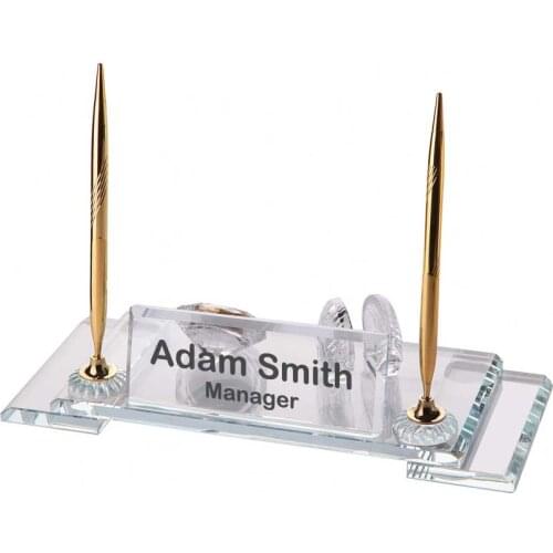 Crystal Glass Desk Name Plate and Pen Desk Stand Set - Personalized Name Plate, Crystal Clock, Custom Engraved Awards, Teachers