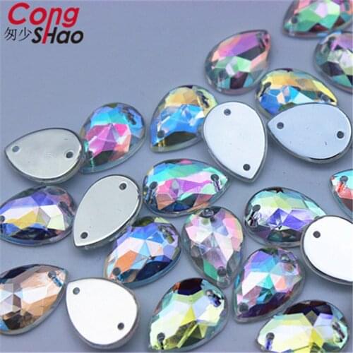 Cong Shao 200pcs 10*14mm AB Clear Acrylic Rhinestones Drop Stones Crystals Flat Back For Sewing Dress Wedding Stones 2 Hole CS5