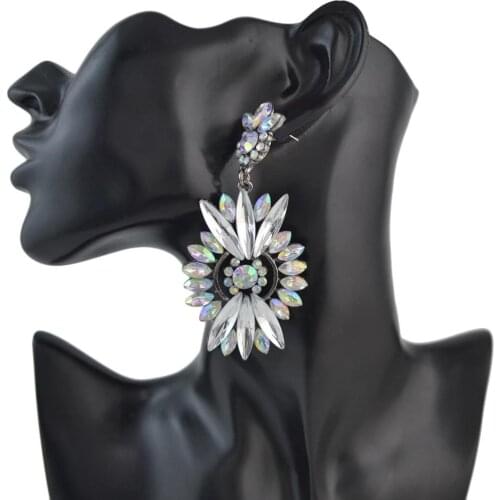 Luxury European Full Rhinestone Dangle color Waterdrop Crystal Flower Statement Large Earrings For Women Wedding Bridal Jewelry