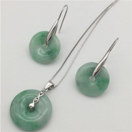 New Natural Stone 100% A Light Green Peace buckle Tibetan Silver Earrings Pendant necklace around 12-14MM