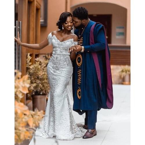 Beaded Mermaid Wedding Dresses Bridal Gowns Off The Shoulder Crystal Lace Appliqued Gorgeous Nigerian Arabic Marriage Robe