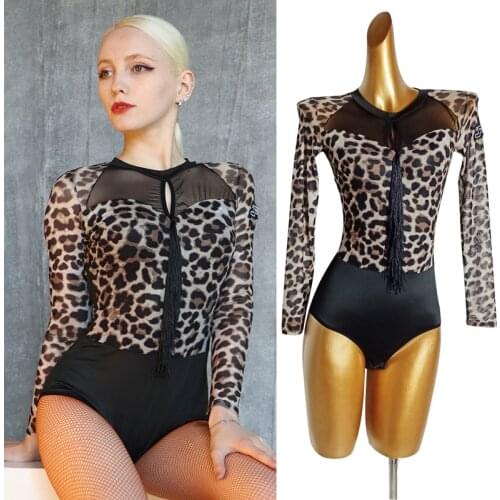 Latin Dance Tops Long Sleeve Dance Leotard Women Fringe Leopard Latina Practice Salsa Ballroom Dance Performance Clothes VDB3296