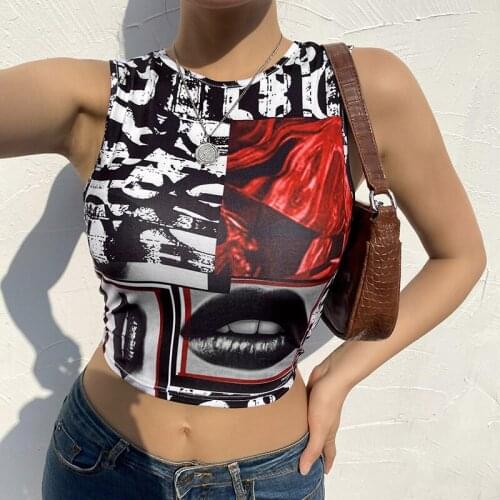 Y2K Aesthetic Printed Backless Tops Cut Out Vintage Waatfaak Harajuku Crop Top Off Shoulder Tank Streetwear Black Patchwork Top
