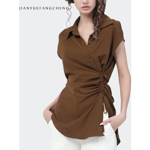 Candy Color Women' Shirt 2021 Summer New Side Drawstring Design Short Sleeve Turn-Down Collar Elegant Slim Ladies Tops Blouses