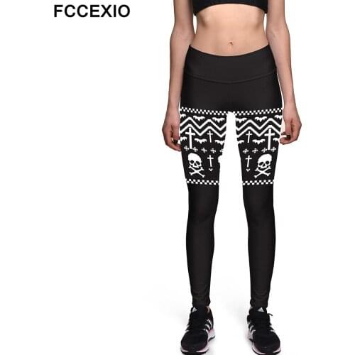 FCCEXIO Push Up Women Sexy High Waist Leggings Skull Tete De Mort Printing Plus Size Soft Fitness Leggings Slim Black Leggins