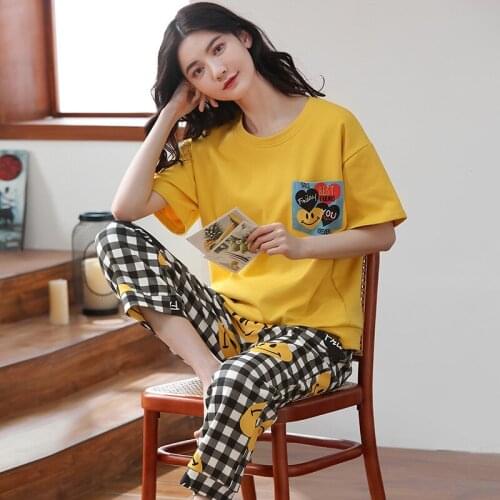 Smile Love Women Yellow Pajamas Sets Short Sleeve T-Shirt&Plaid Pyjamas Pants Lady Sleepwear Summer Cotton Lounge Home Nightwear