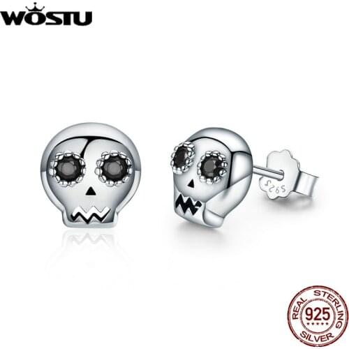 WOSTU Hot Sale 100% 925 Sterling Silver Halloween Skeleton Skull Stud Earring For Women Party Fashion Jewelry Earrings FIE064