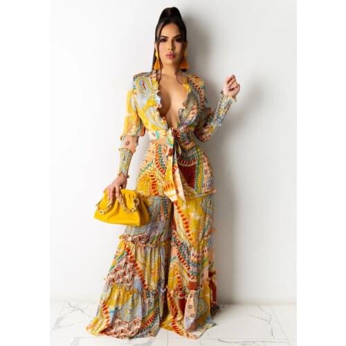 2021 New Arrival Famous Brand 2 pcs Women Set Luxury Print V-neck Long Sleeve Blouse and Long Pants Summer Casual Outfits