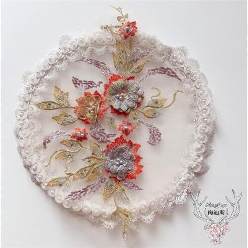 1Pc Blue White Embroidery Beaded Lace Applique Fabric Embroidery Trims Wedding Bridal Applique For Stage Costume Dress 20X37cm