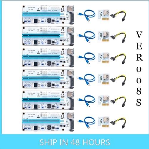 6PCS VER009S VER 008S 4Pin SATA 6PIN PCI-E Riser Card 1X 4X 8X 16X USB 3.0 Graphics Cards Adapter PCI E Riser For BTC Mining