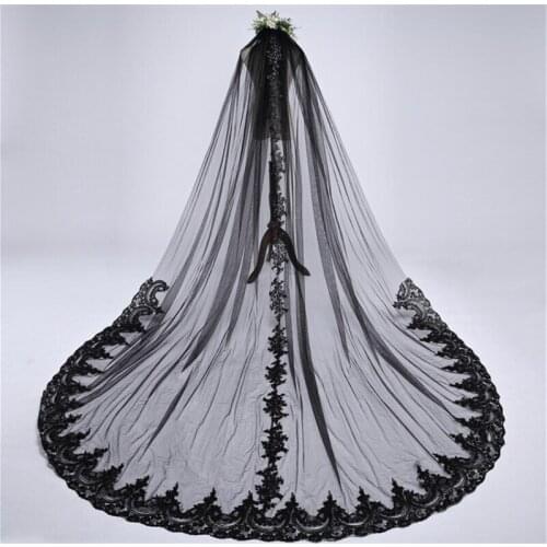 Black Wedding Veil Sequined Lace Edge Appliques Bridal Veil With Comb Gothic Black Veil Hearwear Brides Wedding Accessories