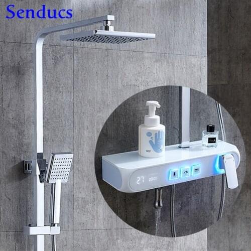 Digital Shower Set Rainfall Shower Head With Temperature Display Brass Shower Faucet White Chrome Bathroom Shower System