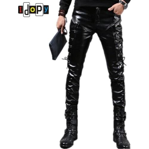 Fashion Autumn&Winter Skinny Leather Pants Faux Black Joggers Motorcycle Party NightClub Trousers For Men With Strings