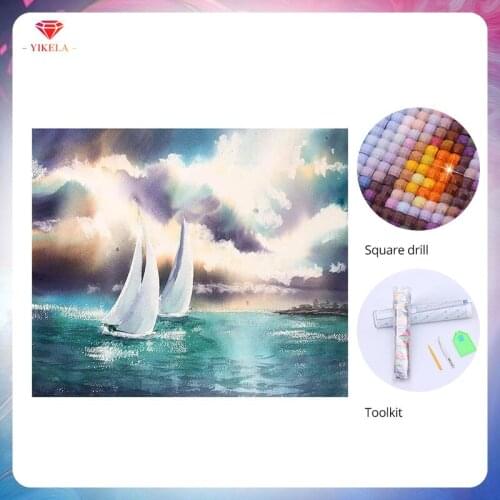 YIKELA 5D DIY Needlework 5D Embroidery Sea Sailboat Scenery Full Resin Diamond Home Decor Mosaic DIY Diamond Painting Embroidery