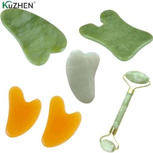 2 In 1 Green Roller And Gua Sha Tools Set By Natural Jade Scraper Massager With Stones For Face Neck Back And Jawline Hand Tools