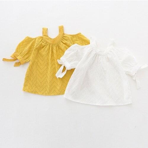 New Girls Top Hollow Short Sleeve T-shirt Summer Off Shoulder Shirts Ruffle Braces Tops Kids Fashion Style Clothing 6 p/l