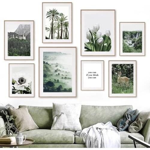 Palm Tree Tulip Forest Deer Waterfall Wall Art Canvas Painting Nordic Posters And Prints Wall Pictures For Living Room Decor
