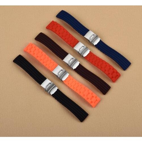 16 18 20 22 24mm Men Black Orange Brown Red Blue Strap Silicone Rubber Waterproof Watch Band Double Push Stainless Steel Clasp