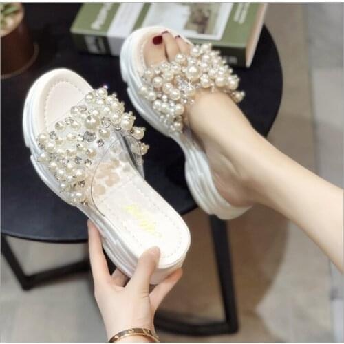 Pearl Wedge Thick Bottom Flip Flops Platform Slippers Women Shoes Woman ShoesTransparent Beach Slipper