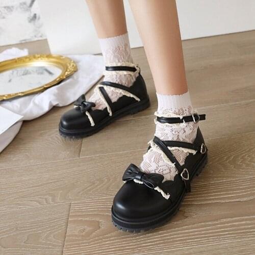 YMECHIC Lolita Shoes Pumps Women Lace Stitching Heart Buckle Straps Bow Cute Girls Princess Party Students Kawayi Shoes Size 43