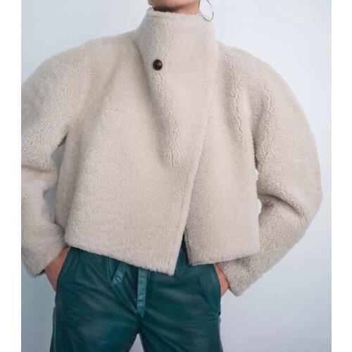 Woman Faux Suede Wool Blend Reversible Short Jacket Funnel High Collar With One Button Long Sleeves Drop Shoulder Oversized Top