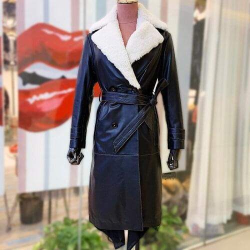 Maylofuer Long Genuine Sheepskin Leather Jacket Slim Fashion Women Elegant Coat with Belt Detachable Natural Lamb Fur Collar