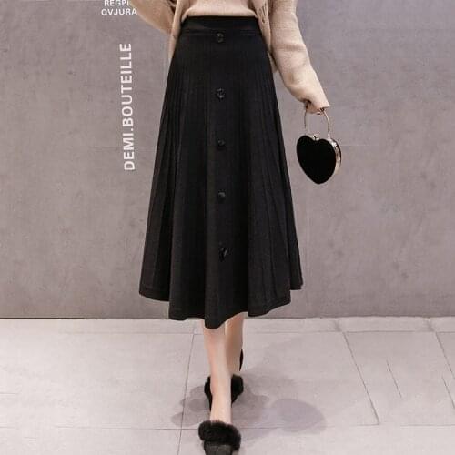High Quality Winter Elegant Single Breasted Warm Midi Skirts Womens Autumn Vintage Button Elastic Waist Knitted Skirt Black Grey