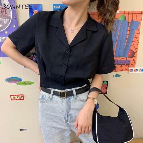 Shirts Women Solid Crop Top Simple All-match Summer College Elegant Vintage Daily Popular Soft Ulzzang Single Breasted Ins Chic